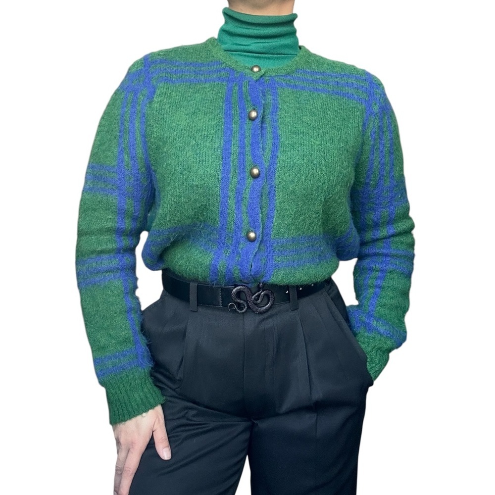 Simons Plaid Knit Button-Up Cardigan – Green & Blue. S/M